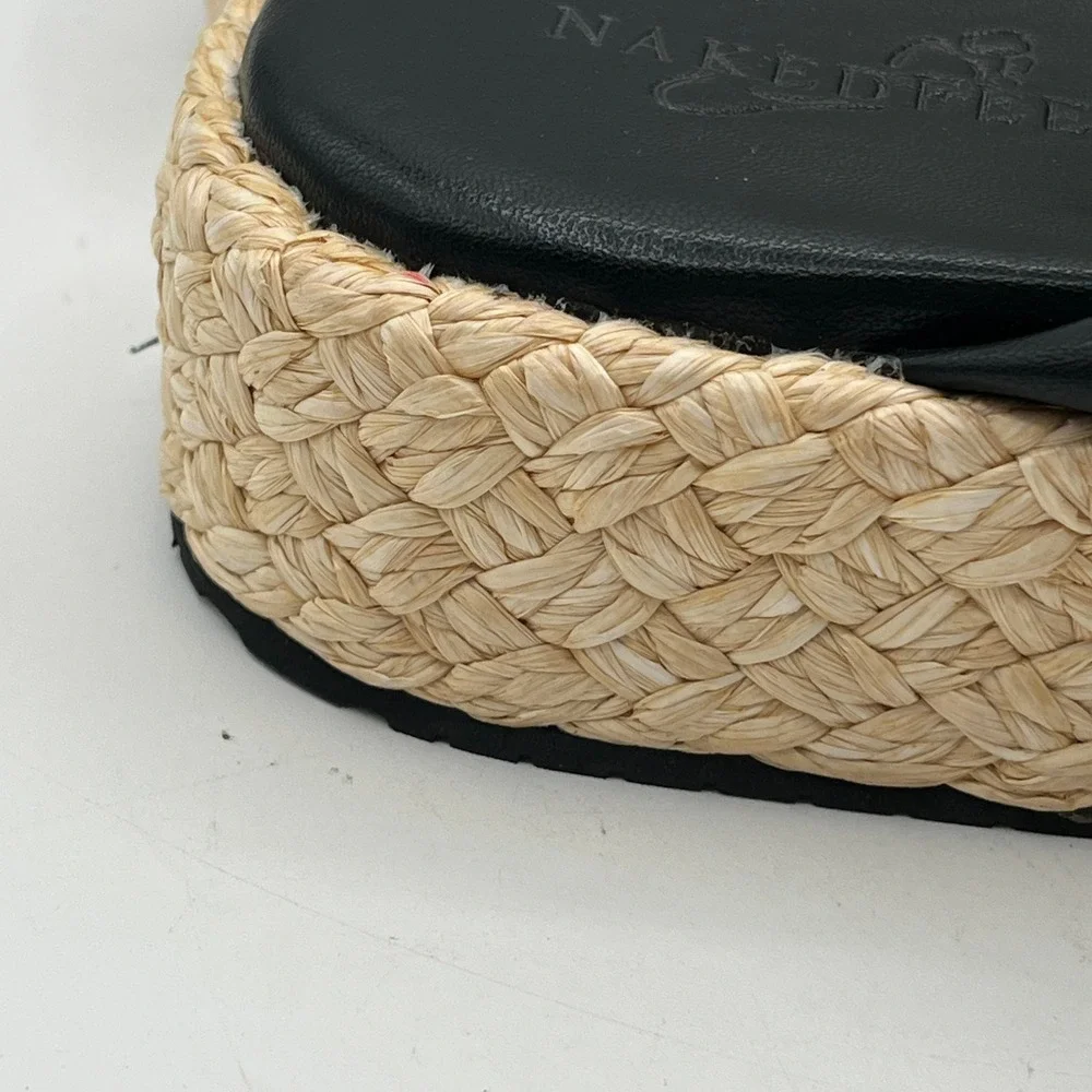 New Naked Feet Costa Black Platform Thong Sandals Knotted Raffia Slides Wms 10